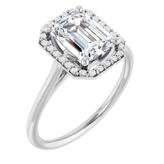 White Gold Emerald Engagement Ring with Halo