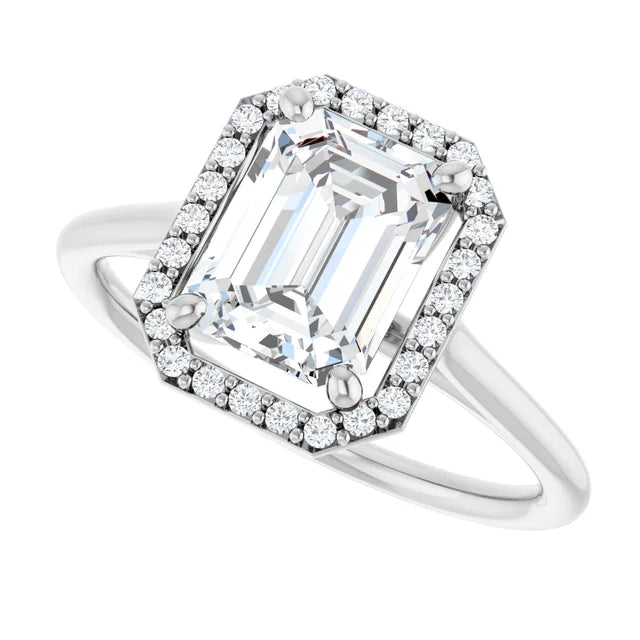 White Gold Emerald Engagement Ring with Halo