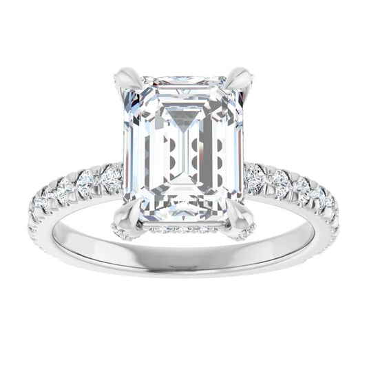 White Gold Emerald Cut Engagement Ring With Hidden Halo