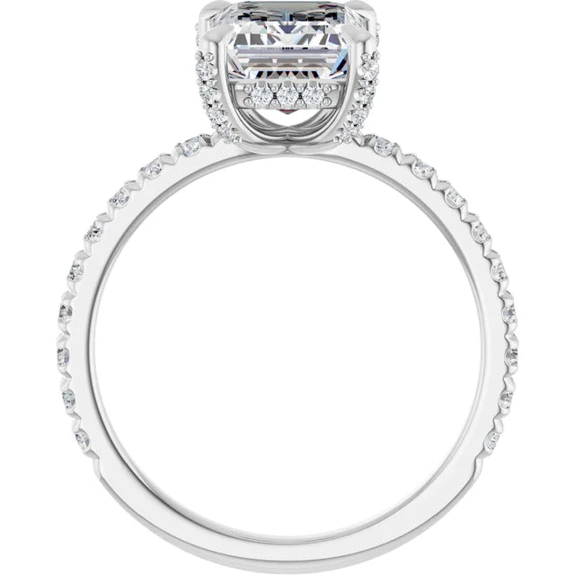 White Gold Emerald Cut Engagement Ring With Hidden Halo