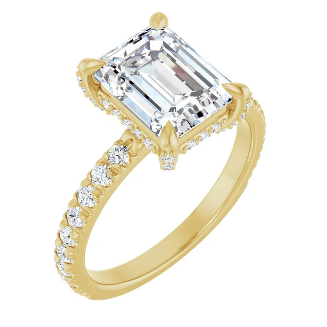 Yellow Gold Emerald Cut Engagement Ring With Hidden Halo