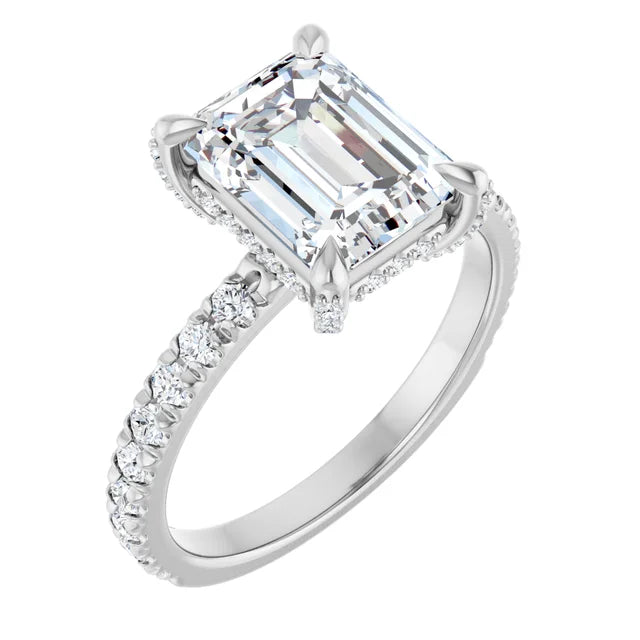 White Gold Emerald Cut Engagement Ring With Hidden Halo
