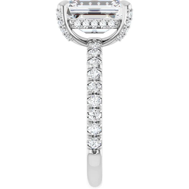 White Gold Emerald Cut Engagement Ring With Hidden Halo