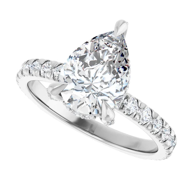 White Gold Pear Cut Engagement Ring With Hidden Halo