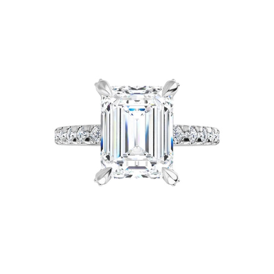 White Gold Emerald Cut Engagement Ring With Hidden Halo